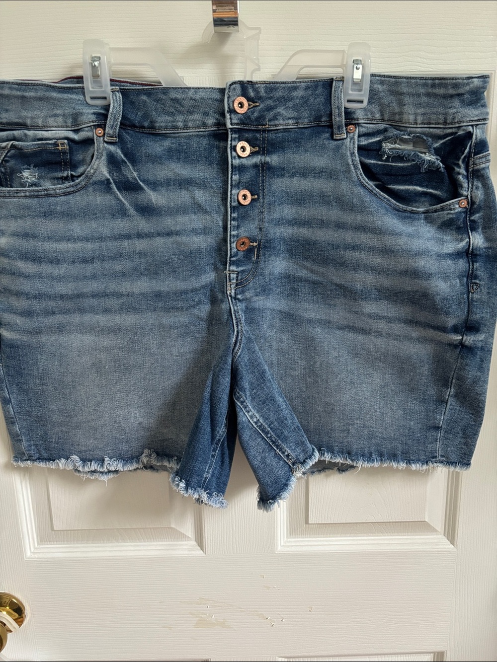 edgely Distressed Button-Front Denim Shorts in Blue from Maurice’s